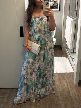 Betsy & Adam Strapless Watercolor Maxi Dress in Pastel Floral